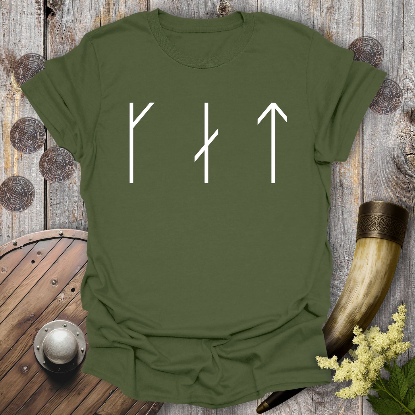 T-Shirt Military Green / S CAT in Runes Minimalist T-Shirt