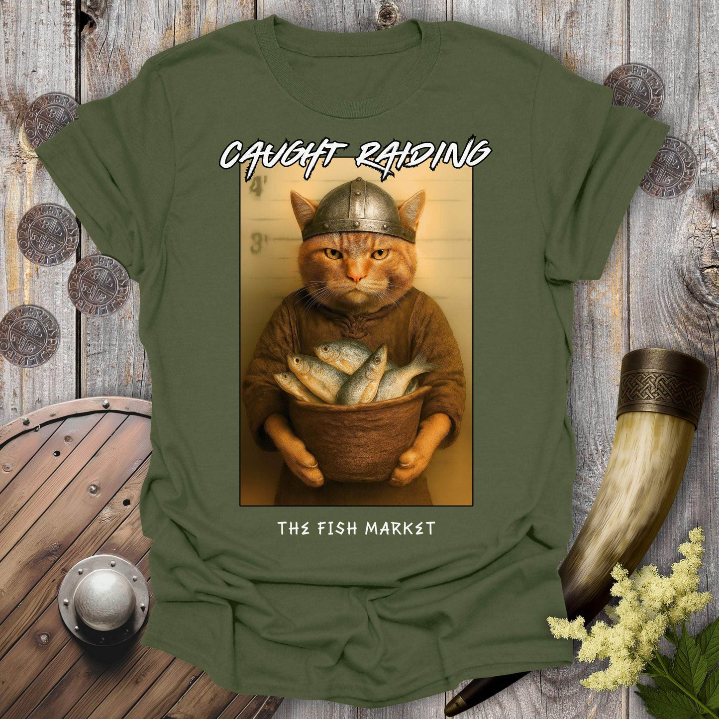 T-Shirt Military Green / S Caught Raiding the Fish Market Viking Cat T-Shirt