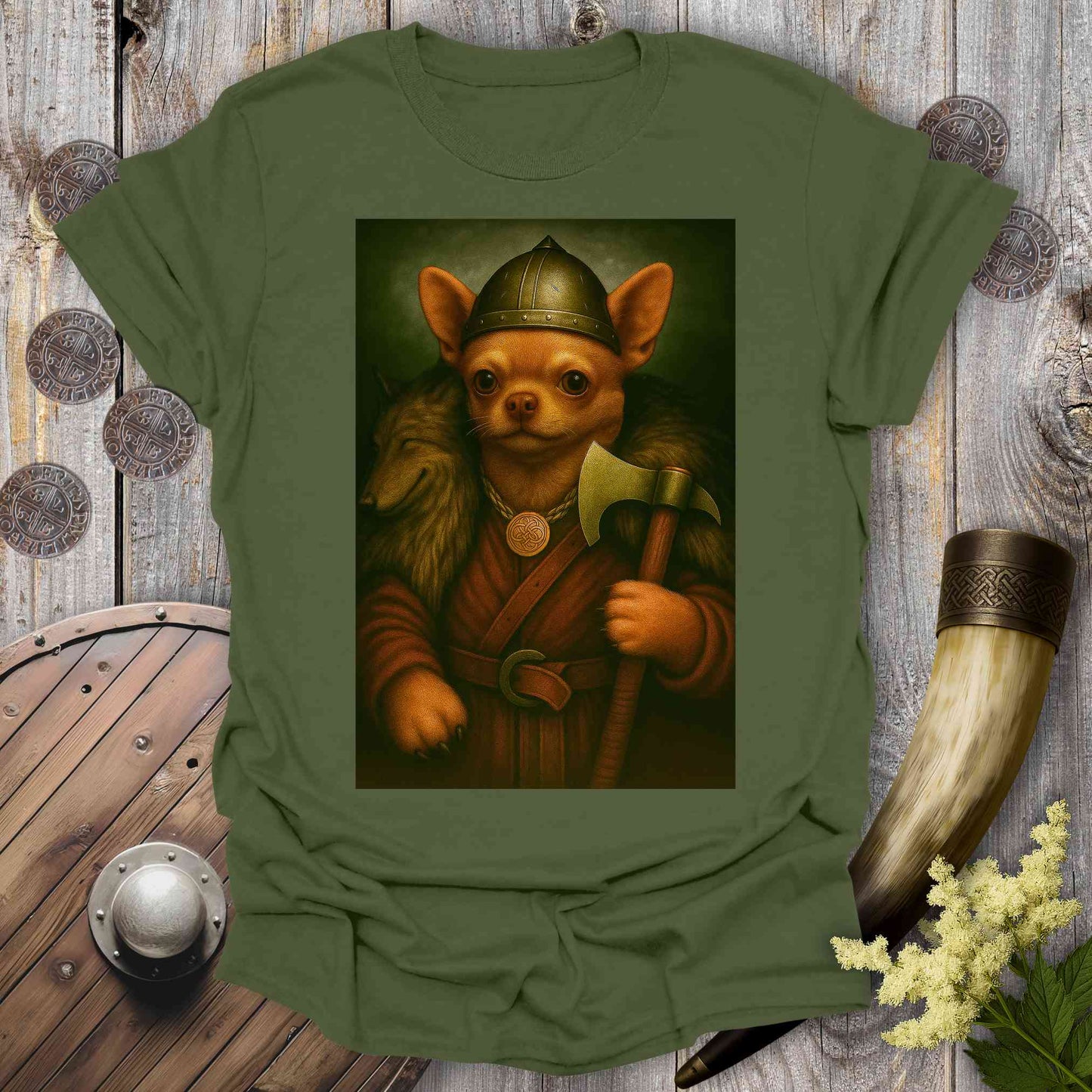 T-Shirt Military Green / S Chihuahua Viking Portrait T-Shirt