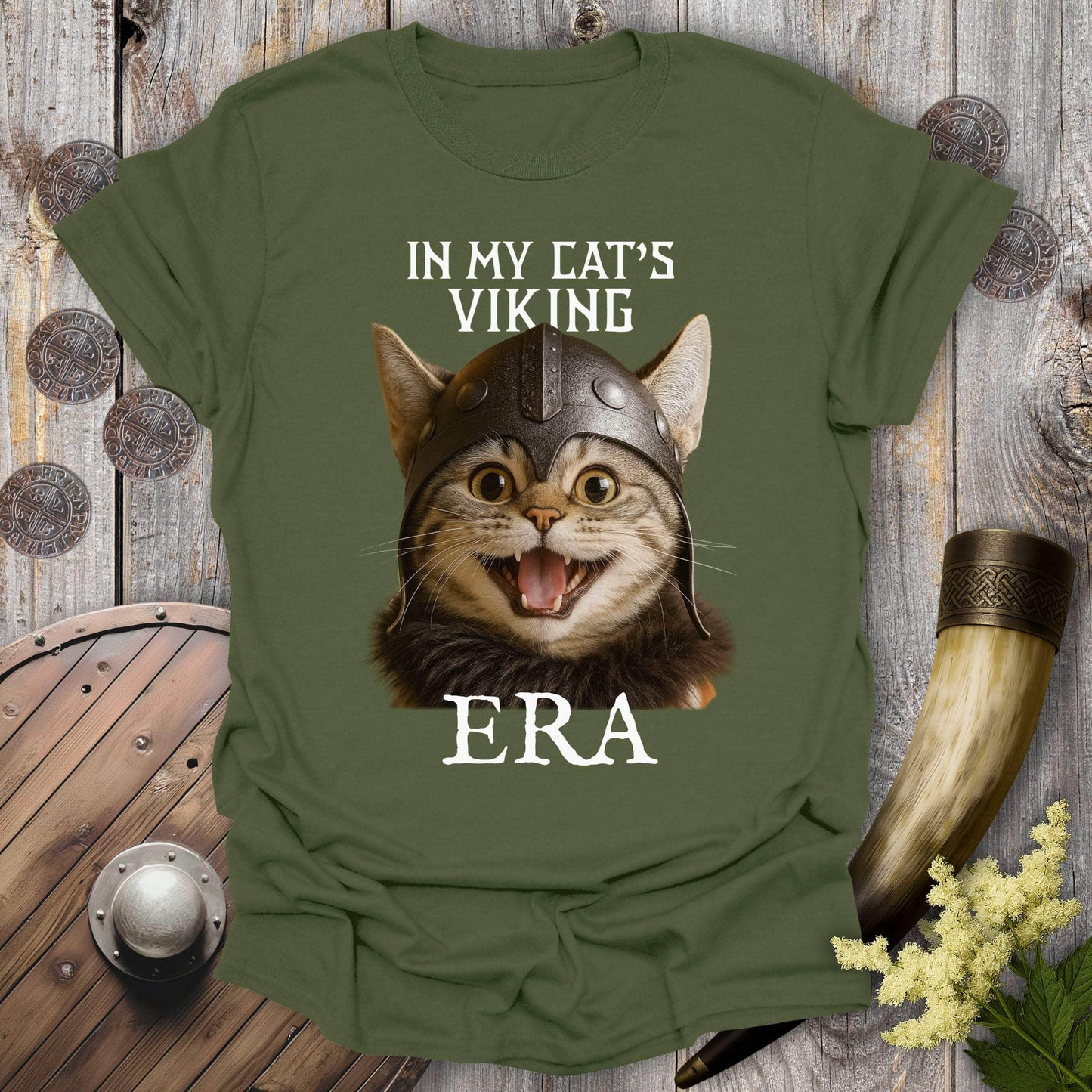 T-Shirt Military Green / S In My Cat's Viking Era Happy Cat T-Shirt