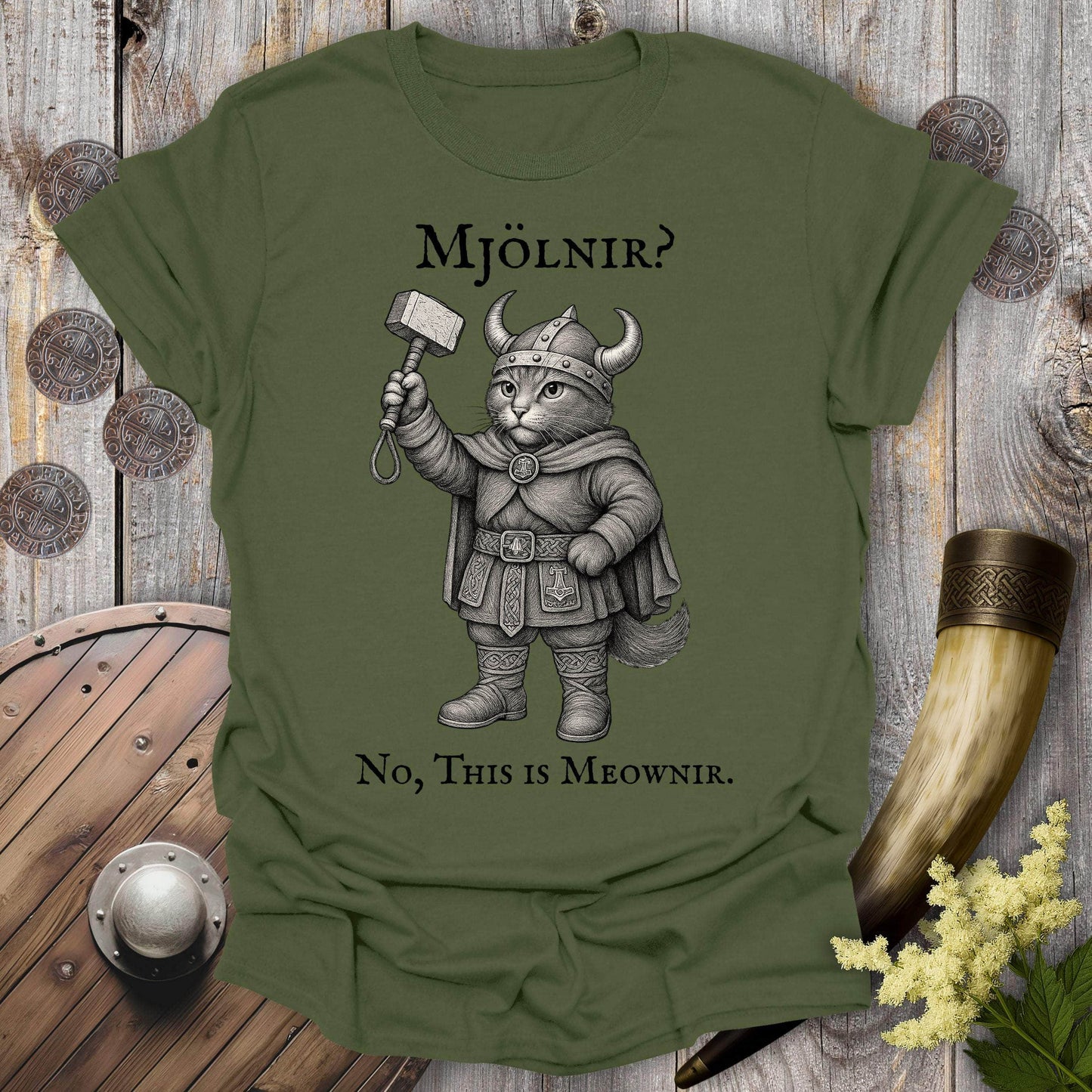 T-Shirt Military Green / S Mjölnir? No, This is Meownir Viking Cat T-shirt