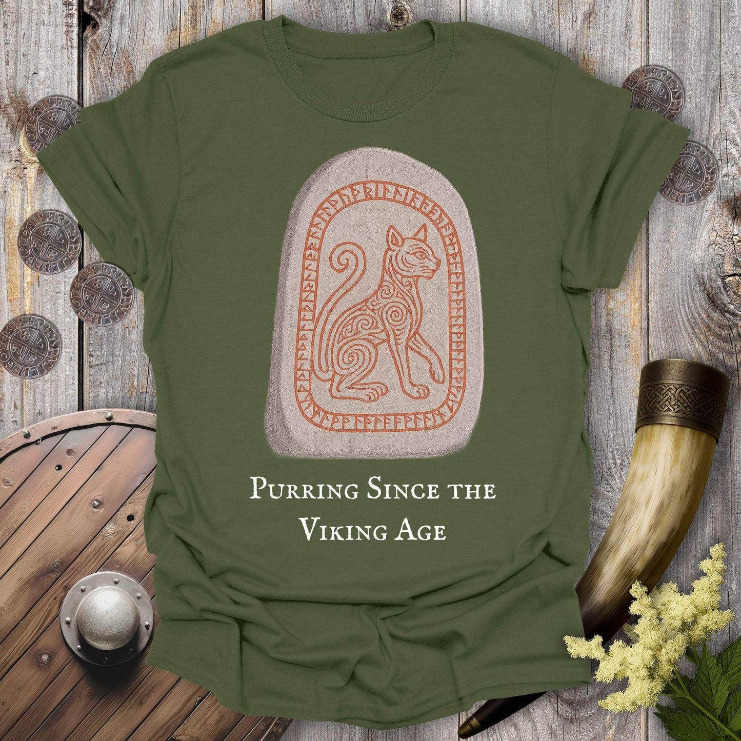 T-Shirt Military Green / S Purring Since the Viking Age Runestone Cat T-shirt