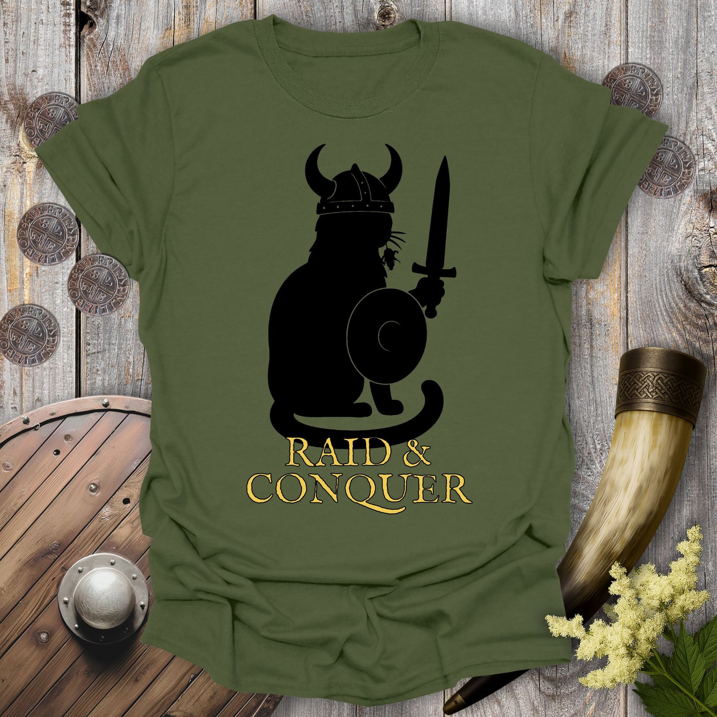 T-Shirt Military Green / S Raid & Conquer Viking Cat T-shirt