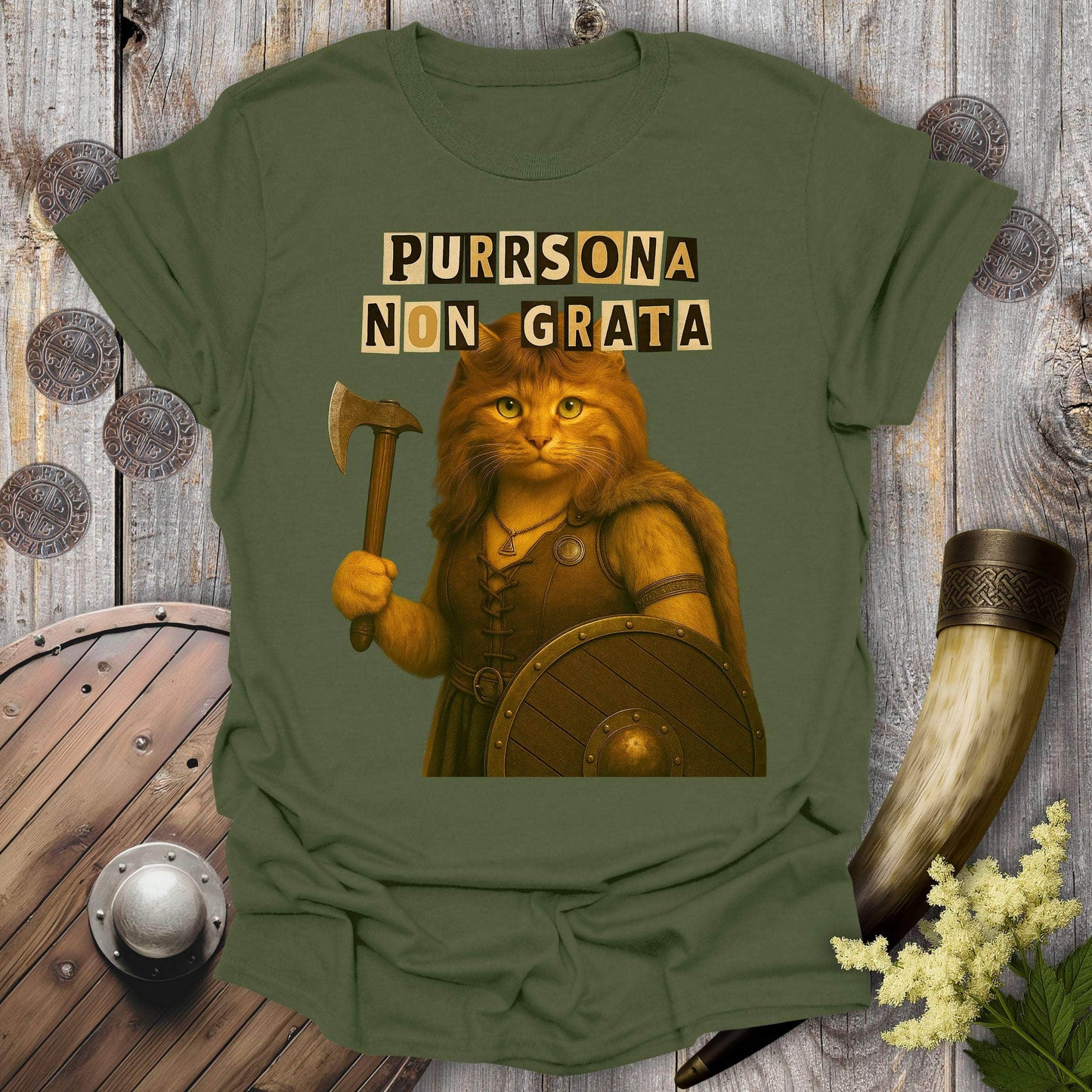 T-Shirt Military Green / S Ransom Note Shieldmaiden Cat T-Shirt