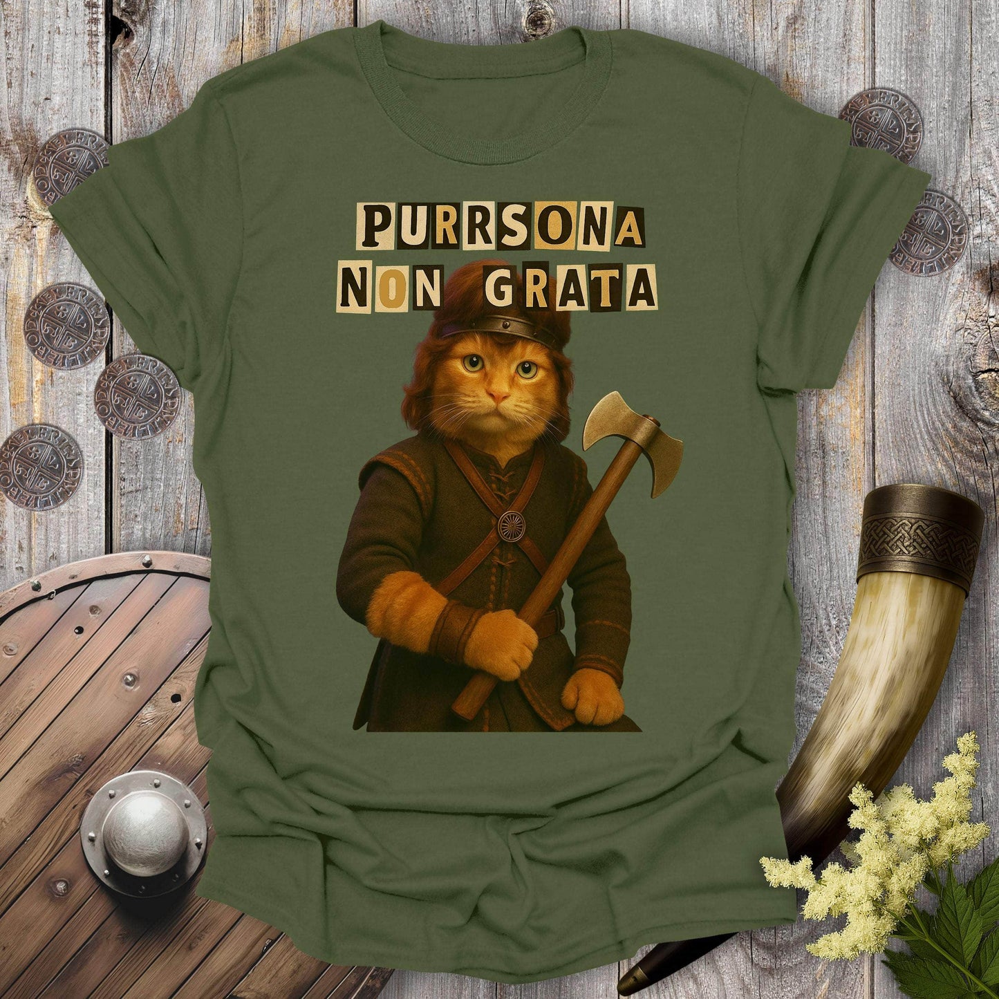 T-Shirt Military Green / S Ransom Note Viking Cat T-Shirt