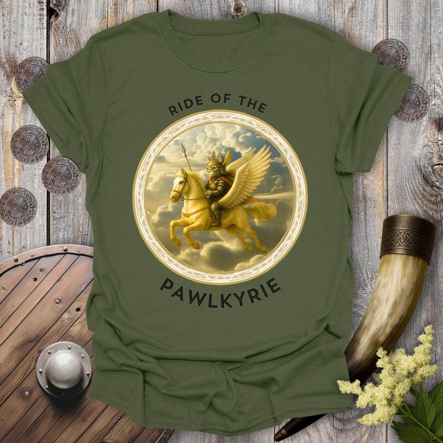T-Shirt Military Green / S Ride of the Pawlkyrie Viking Cat T-Shirt