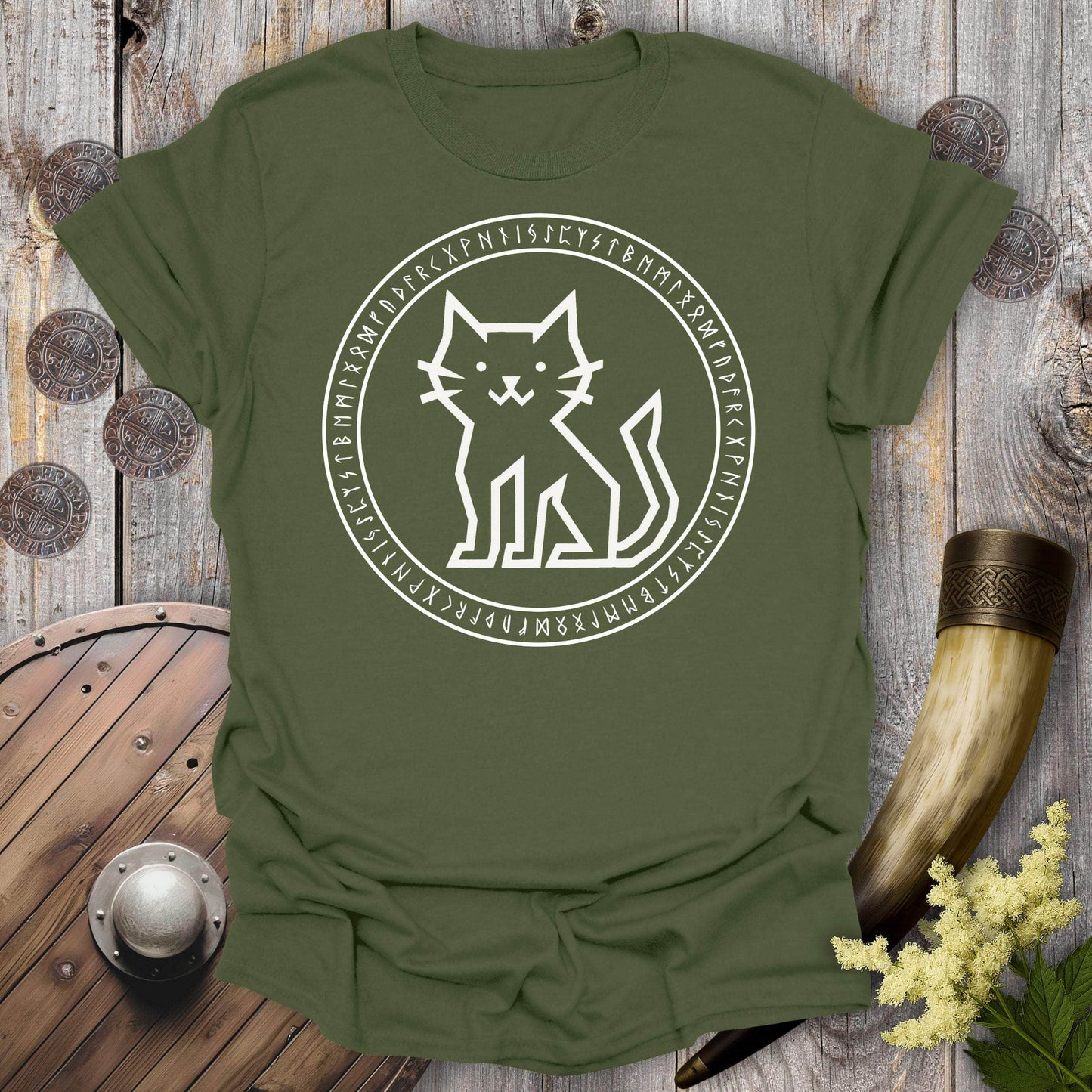 T-Shirt Military Green / S Rune Circle Viking Cat T-Shirt