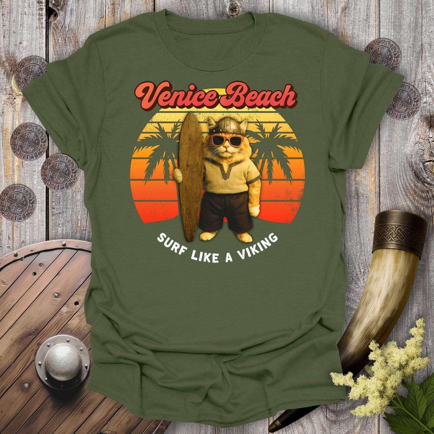T-Shirt Military Green / S Venice Beach Viking Cat T-Shirt