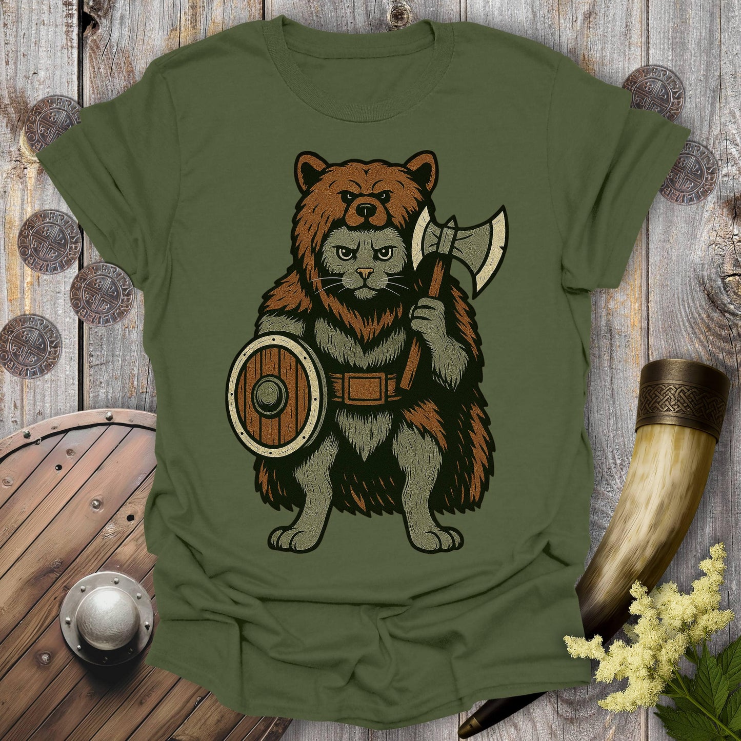 T-Shirt Military Green / S Viking Berserker Cat T-Shirt