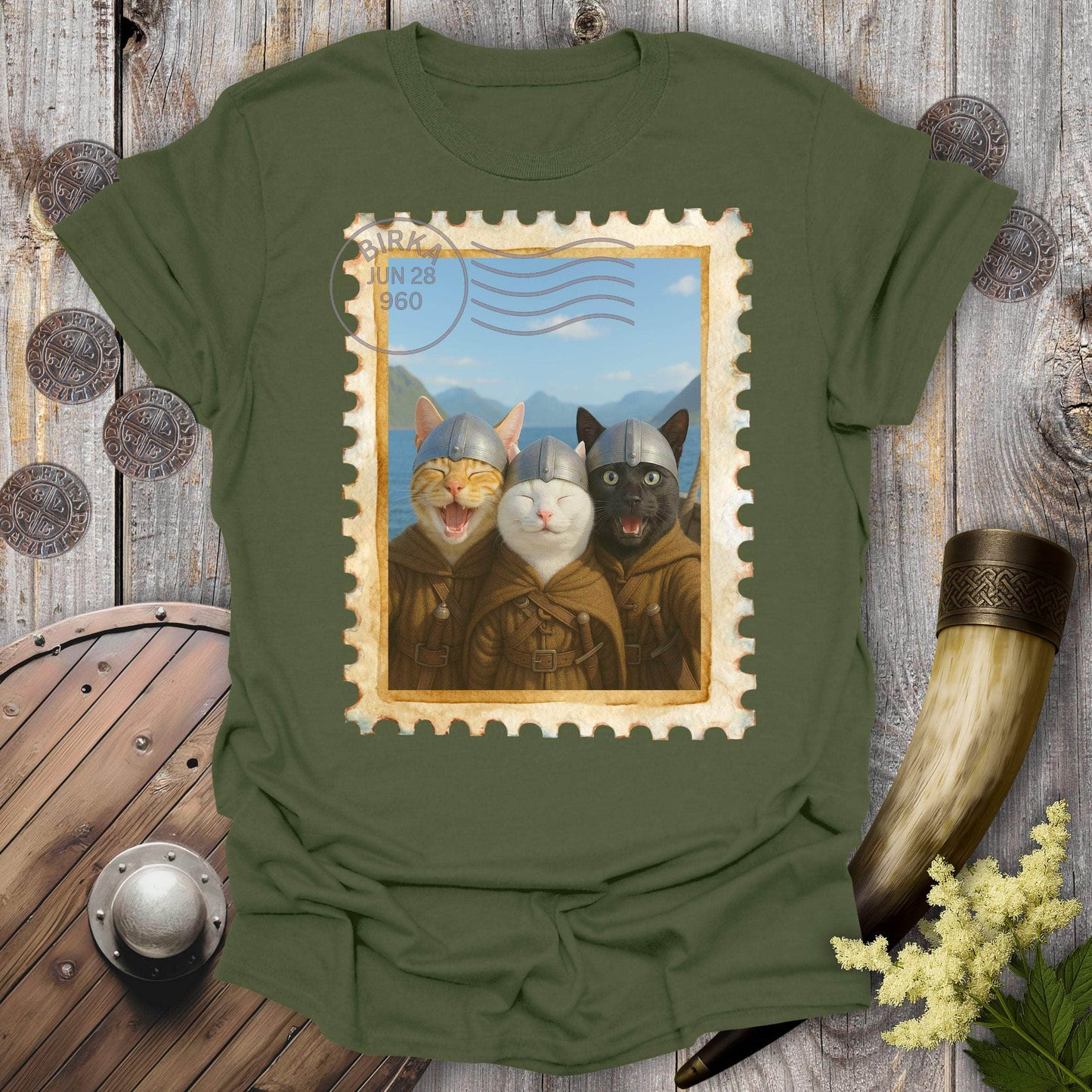 T-Shirt Military Green / S Viking Selfie Cats on a Longship T-Shirt