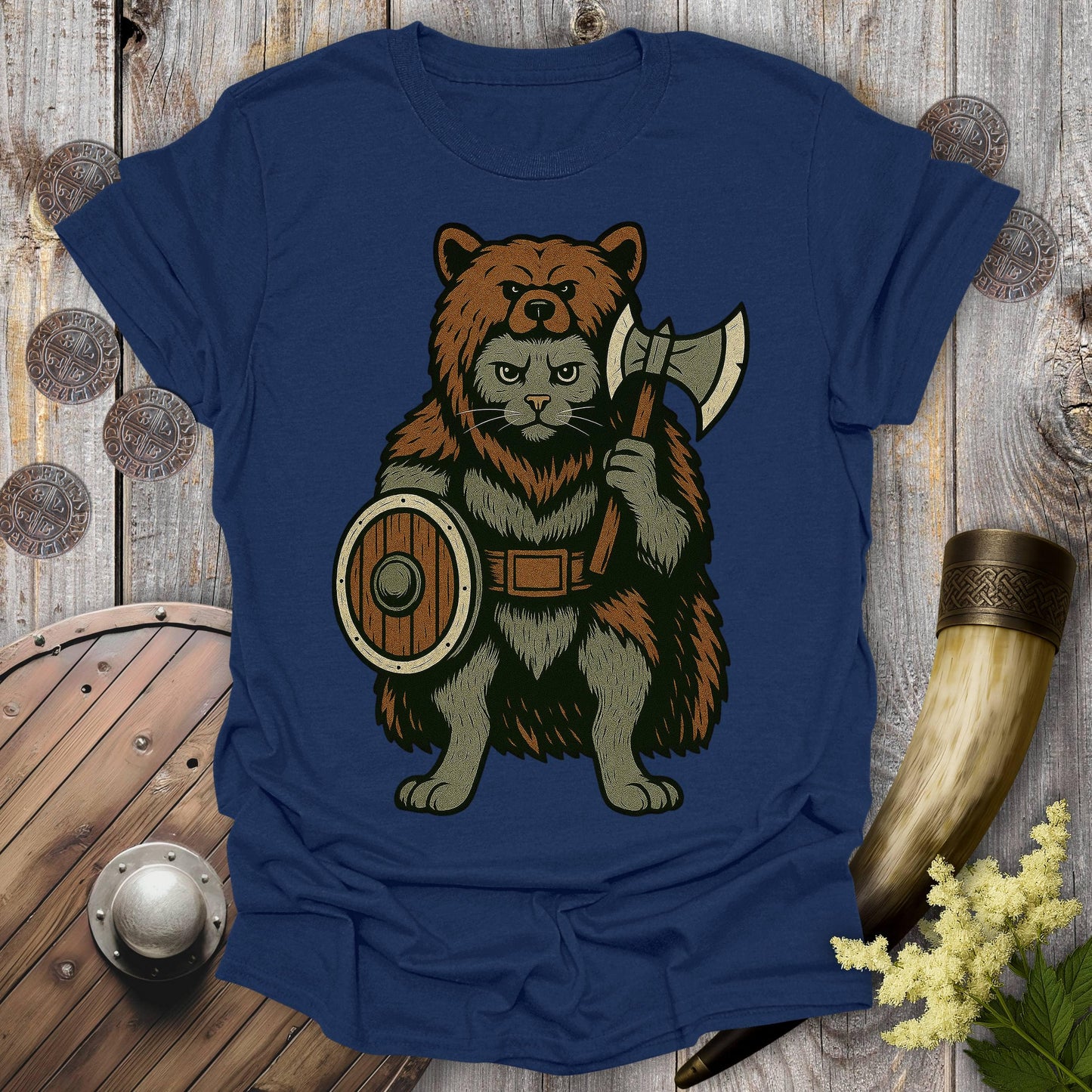T-Shirt Navy / S Berserker Cat in Bear Skin Viking Warrior T-Shirt