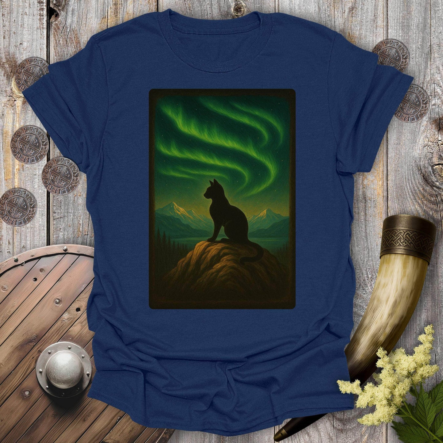 T-Shirt Navy / S Black Cat & Northern Lights T-shirt