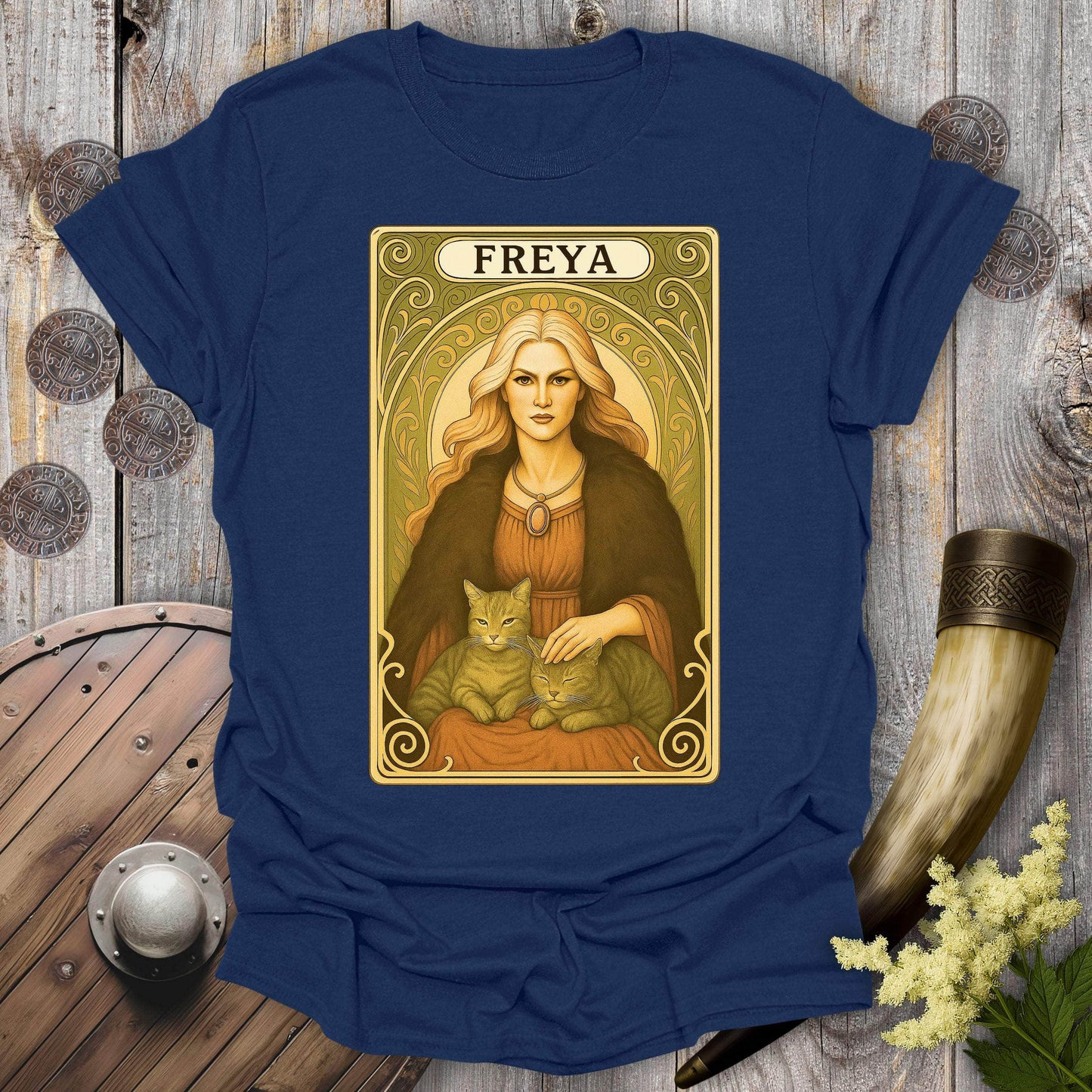 T-Shirt Navy / S Freya with Cats Tarot Card T-Shirt