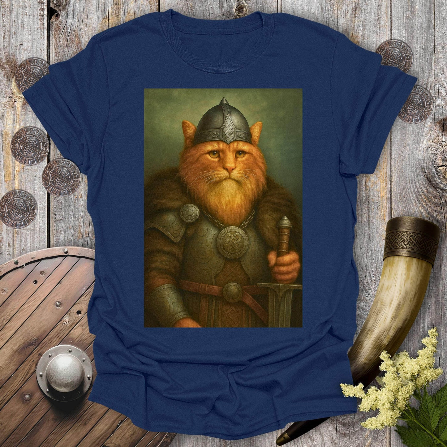 T-Shirt Navy / S Orange Viking Cat Portrait T-Shirt