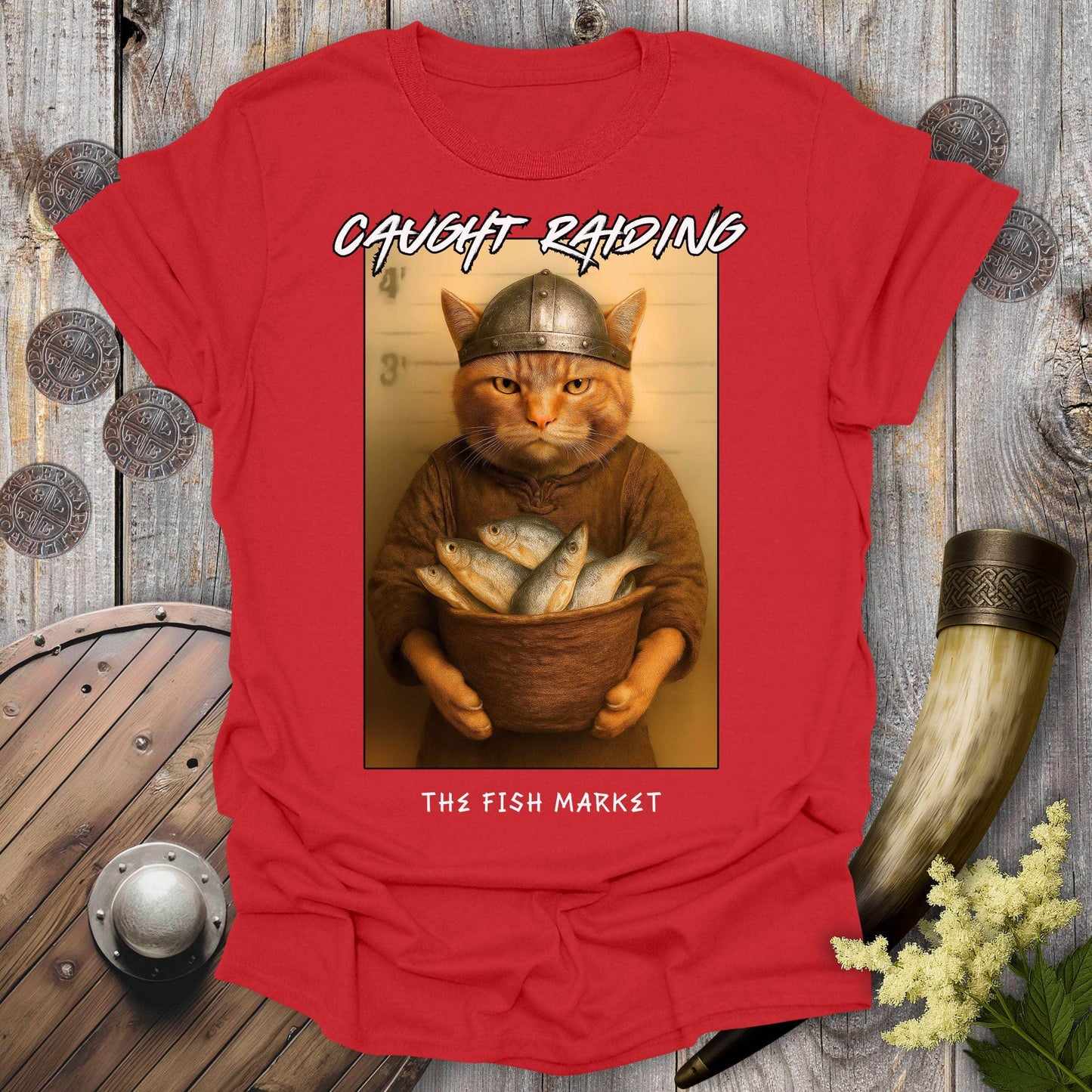 T-Shirt Red / S Caught Raiding the Fish Market Viking Cat T-Shirt