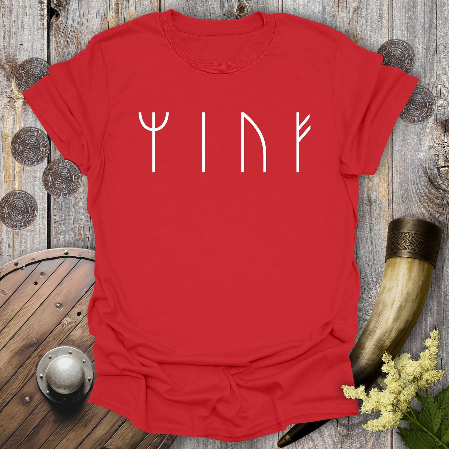 T-Shirt Red / S MEOW in Runes Viking Cat Minimalist T-Shirt
