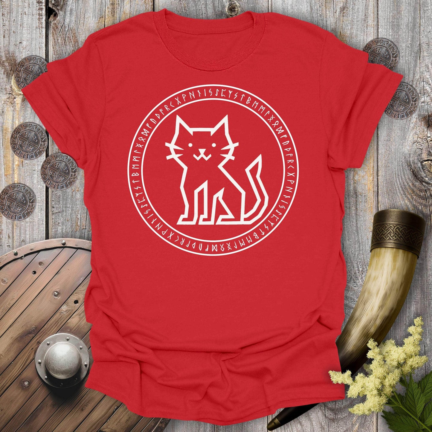 T-Shirt Red / S Rune Circle Viking Cat T-Shirt
