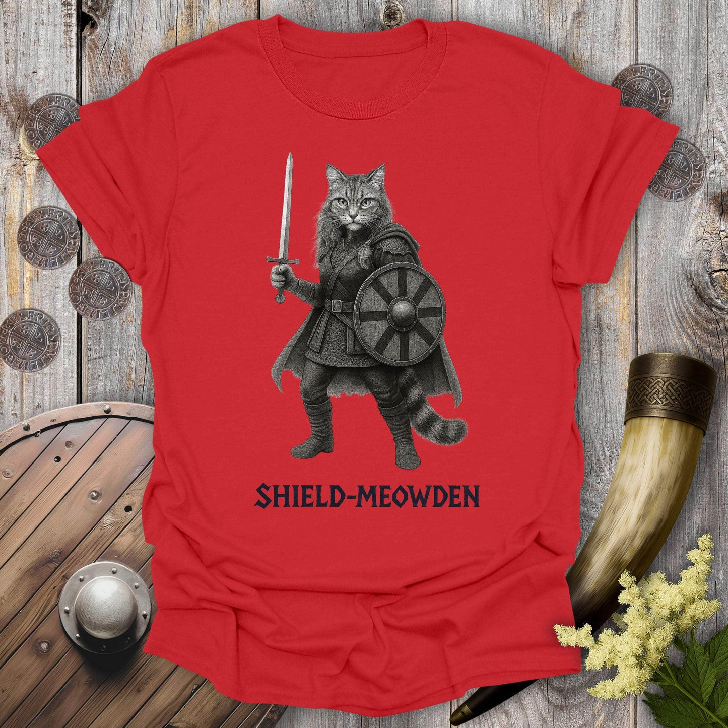 T-Shirt Red / S Shield-Meowden Viking Cat T-Shirt