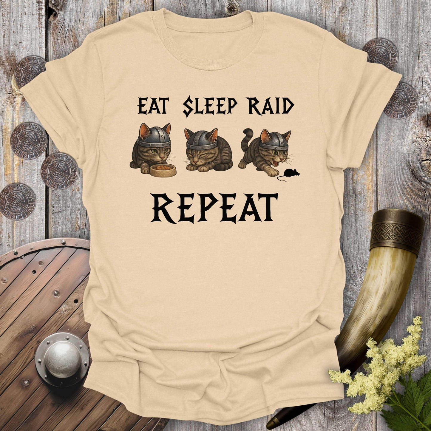 T-Shirt Sand / S Eat Sleep Raid Repeat Viking Cat T-shirt