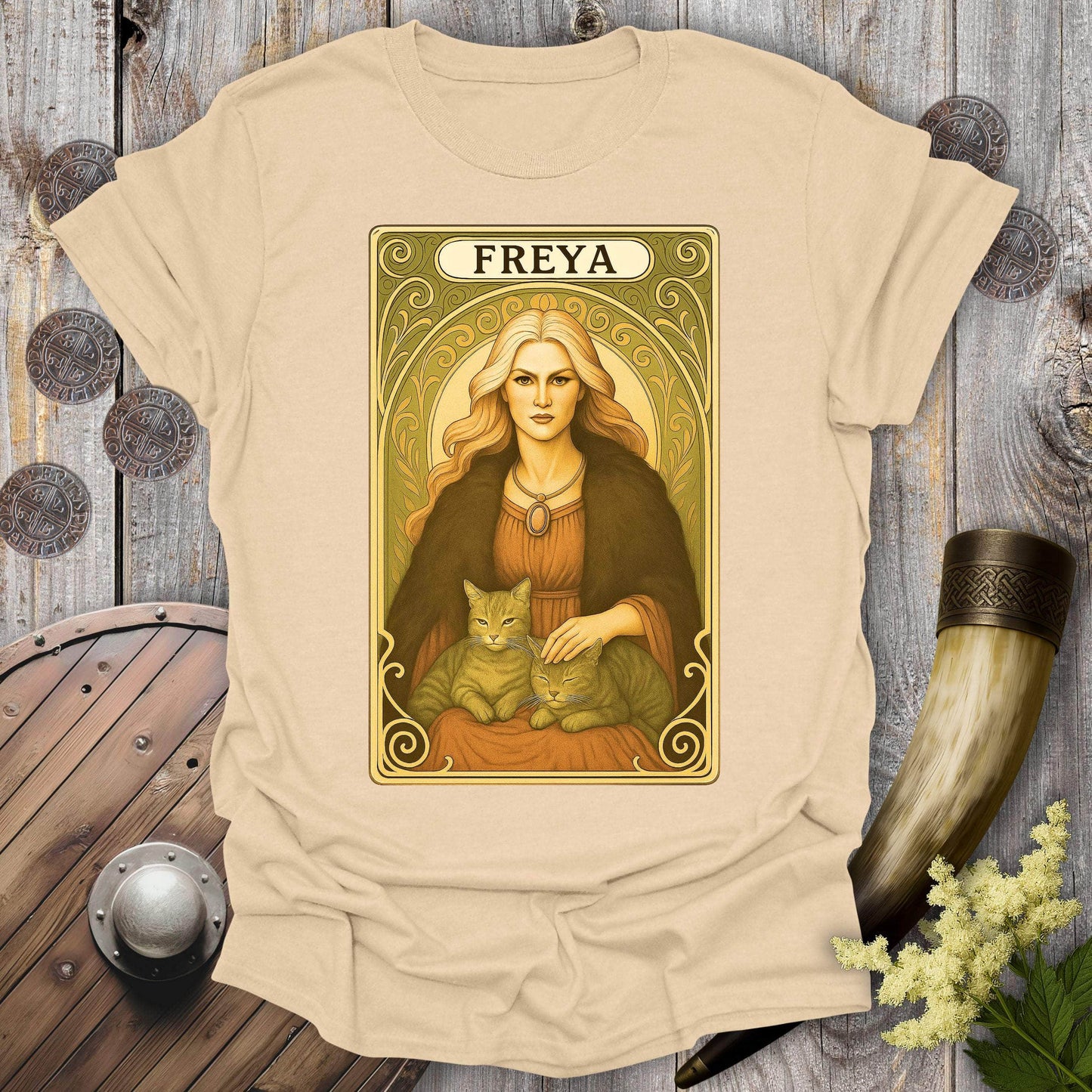 T-Shirt Sand / S Freya with Cats Tarot Card T-Shirt