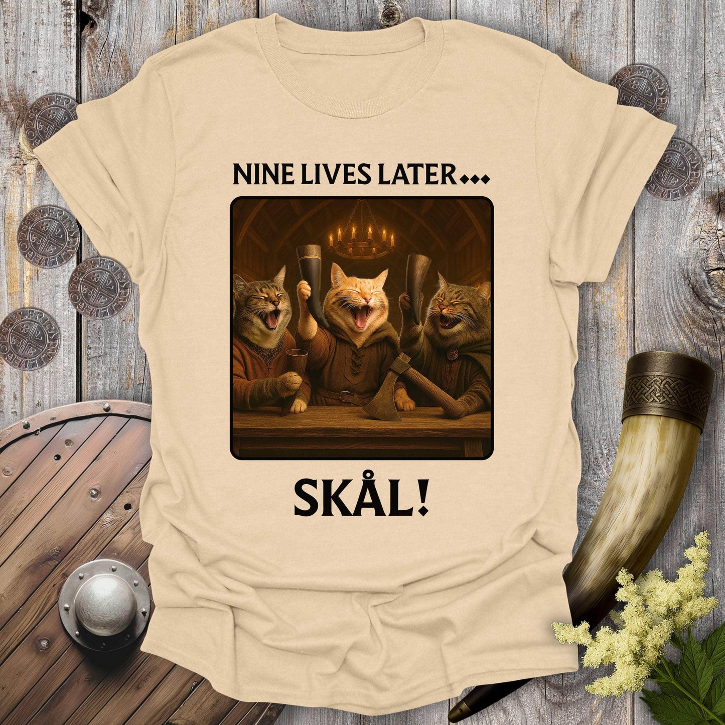 T-Shirt Sand / S Nine Lives Later Valhalla Cat T-Shirt
