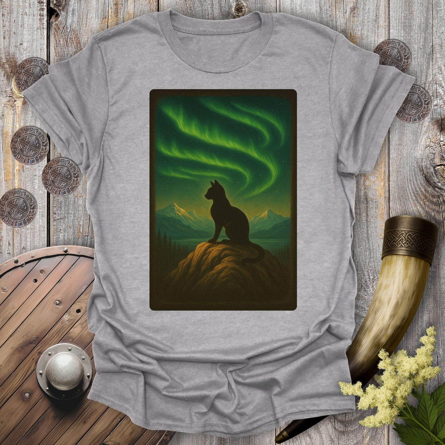 T-Shirt Sport Grey / S Black Cat & Northern Lights T-shirt
