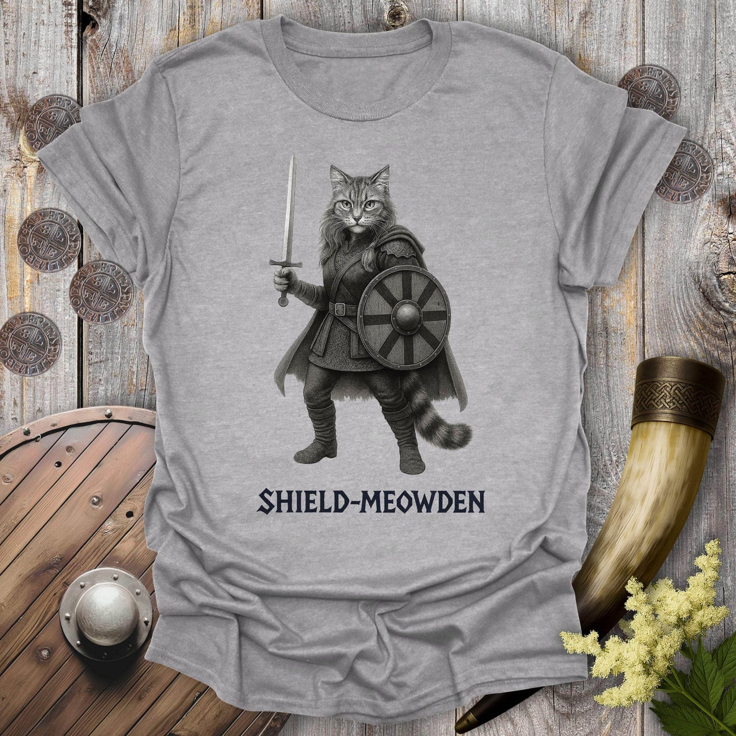 T-Shirt Sport Grey / S Shield-Meowden Viking Cat T-Shirt