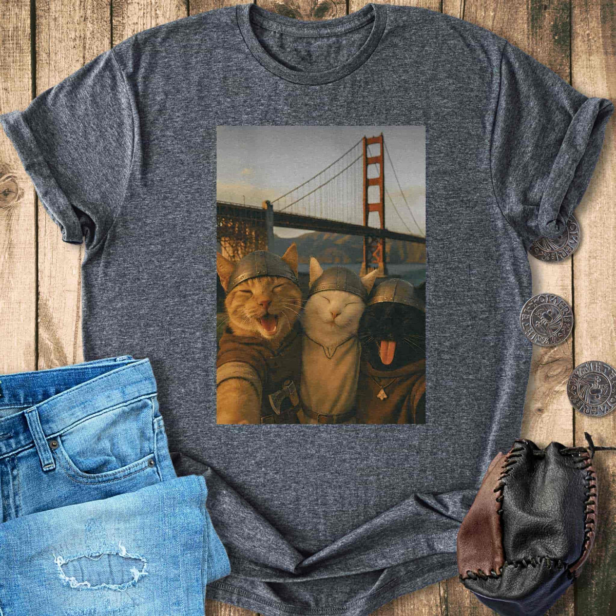 T-Shirt Viking Cats Retro Selfie Photo Style - Golden Gate Bridge T-shirt Unisex Sizes S-2XL Funny Shirt Gift