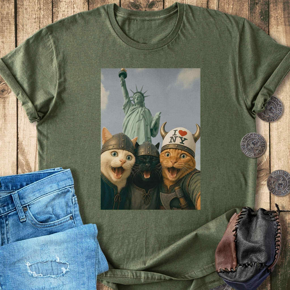 T-Shirt Viking Cats Retro Selfie Photo Style - Statue of Liberty (I Love NY) T-shirt Unisex Sizes S-2XL Funny Shirt Gift
