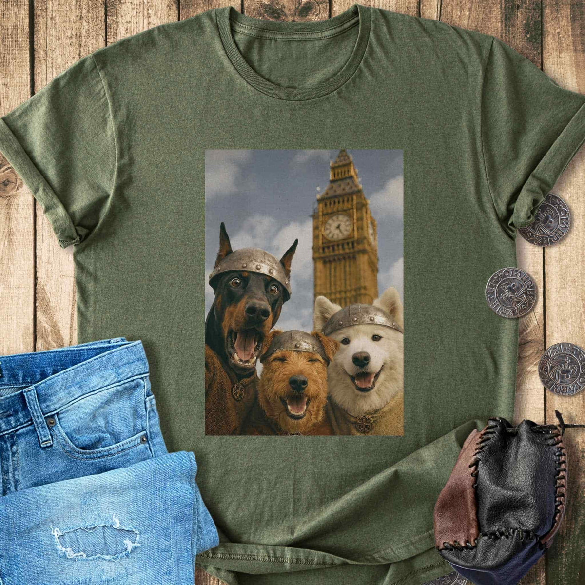 T-Shirt Viking Dogs Retro Selfie Photo Style - Big Ben London UK T-shirt Unisex Sizes S-2XL Funny Shirt Gift