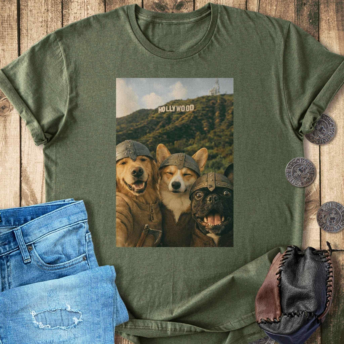 T-Shirt Viking Dogs Retro Selfie Photo Style - Hollywood Sign T-shirt Unisex Sizes S-2XL Funny Shirt Gift