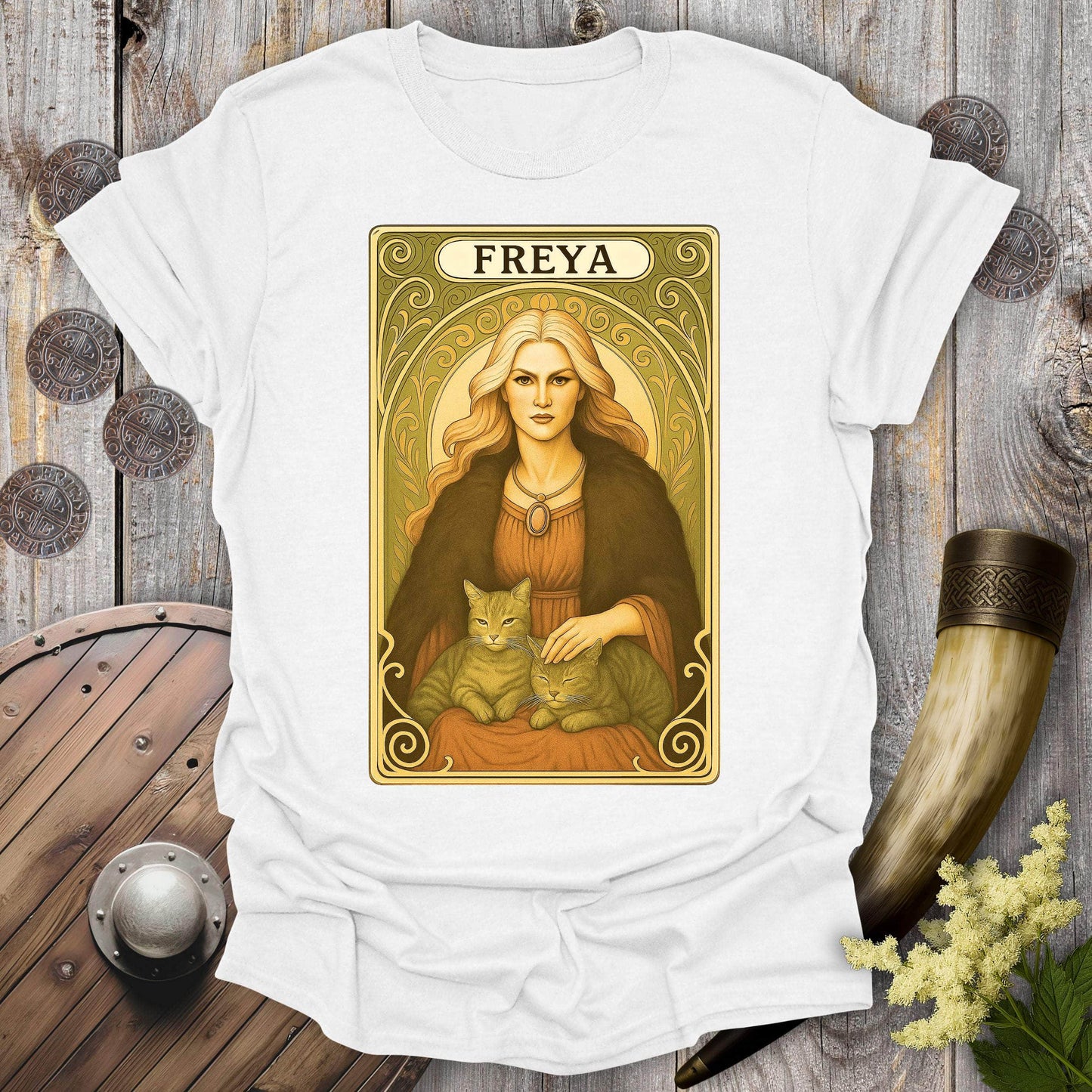 T-Shirt White / S Freya with Cats Tarot Card T-Shirt