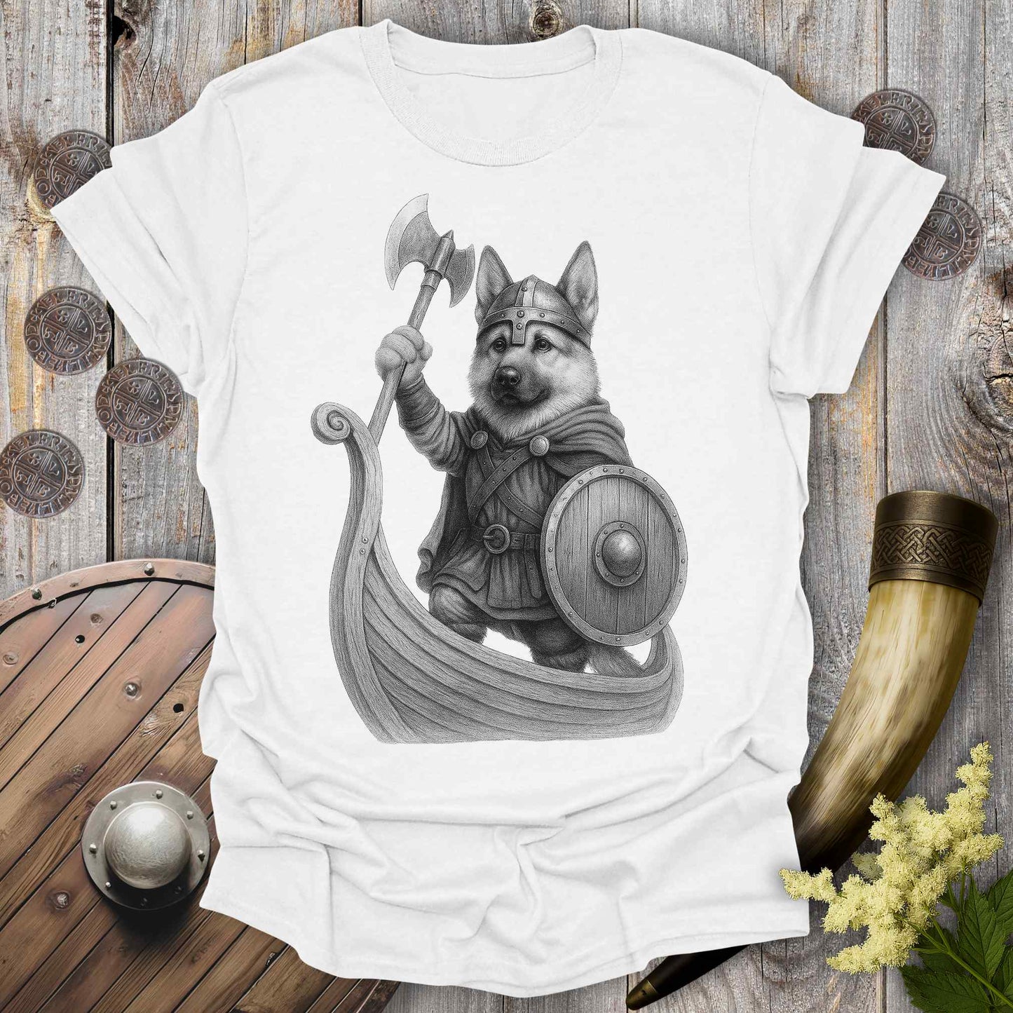 T-Shirt White / S German Shepherd in Longship T-shirt