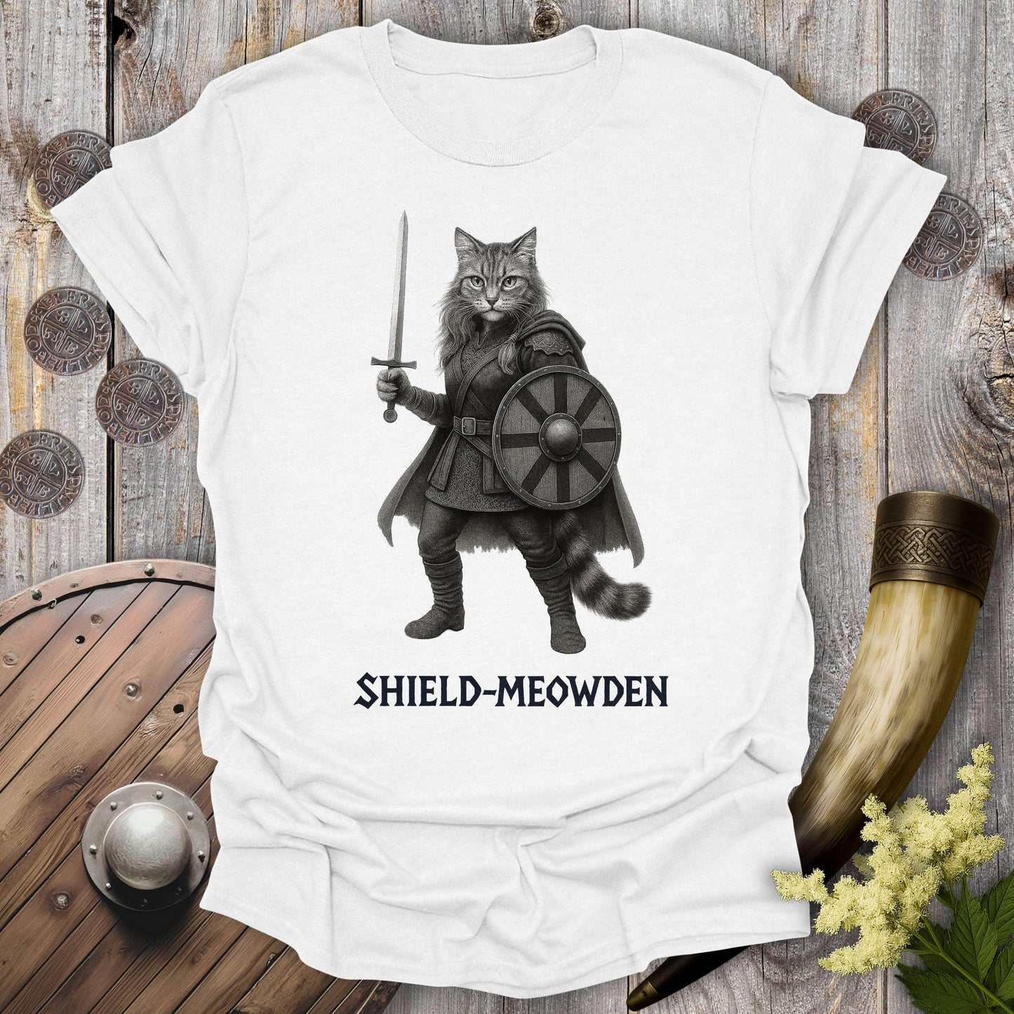 T-Shirt White / S Shield-Meowden Viking Cat T-Shirt
