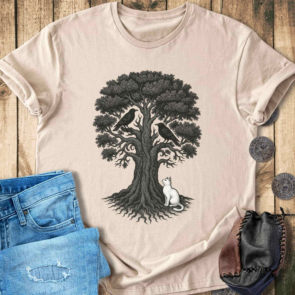 T-Shirt Yggdrasil, the Cat & the Ravens - Norse World Tree T-shirt Unisex Sizes S-2XL Funny Shirt Gift