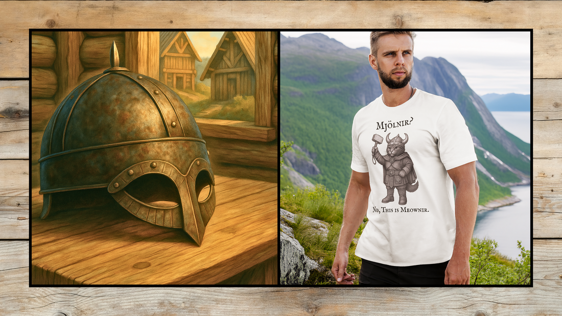 On the left: An AI-created image of the Gjermundbu helmet. On the right: A lifestyle image of a man in a white tee with a Viking cat holding a Thor's hammer with the text: "Mjölnir? No This is Meownir".