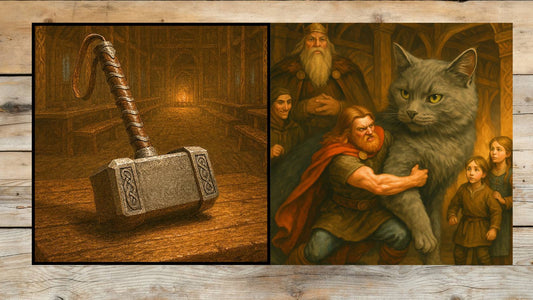 On the left, Thor's hammer Mjölnir. On the right,  Thor in the fortress Utgard trying to lift the giant cat, the Midgard Serpent in disguise.
