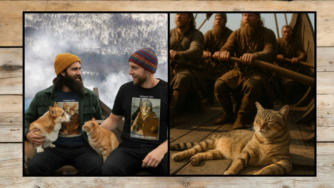 Cats in Viking life—one image shows a Norse family by the fire with their cat, the other a tabby cat resting on a Viking longship with warriors, highlighting cats’ role in Norse homes and seafaring. AI images.