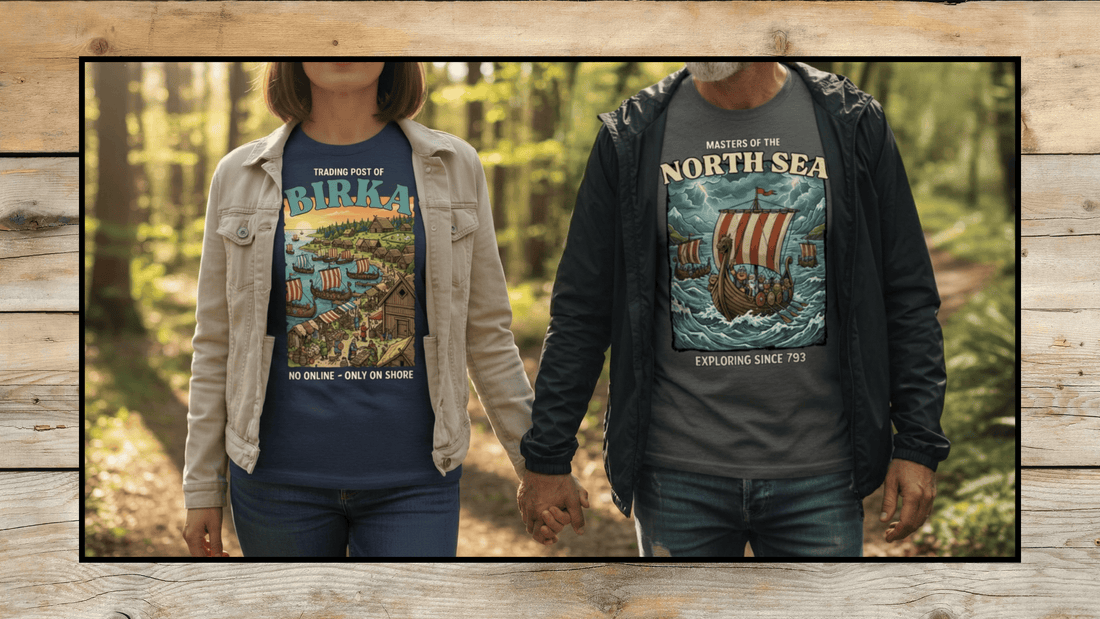 Woman and man wearing unisex t-shirts. The womans shirt has graphic with Viking settlement and longboats, text "Tradingpost of Birka, No online - only on shore". Man has shirt with Viking longboats and text "Masters of the Nort Sea, Exploring since 793".