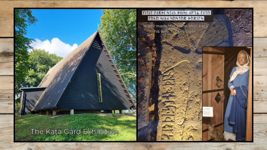 Left: Kata Gård Exhibition in Varnhem. Right:Runestone with younger Futhark runes saying “Kättil made this stone after Kata, his wife, Torgil’s sister", and a model of Kata and a cat.