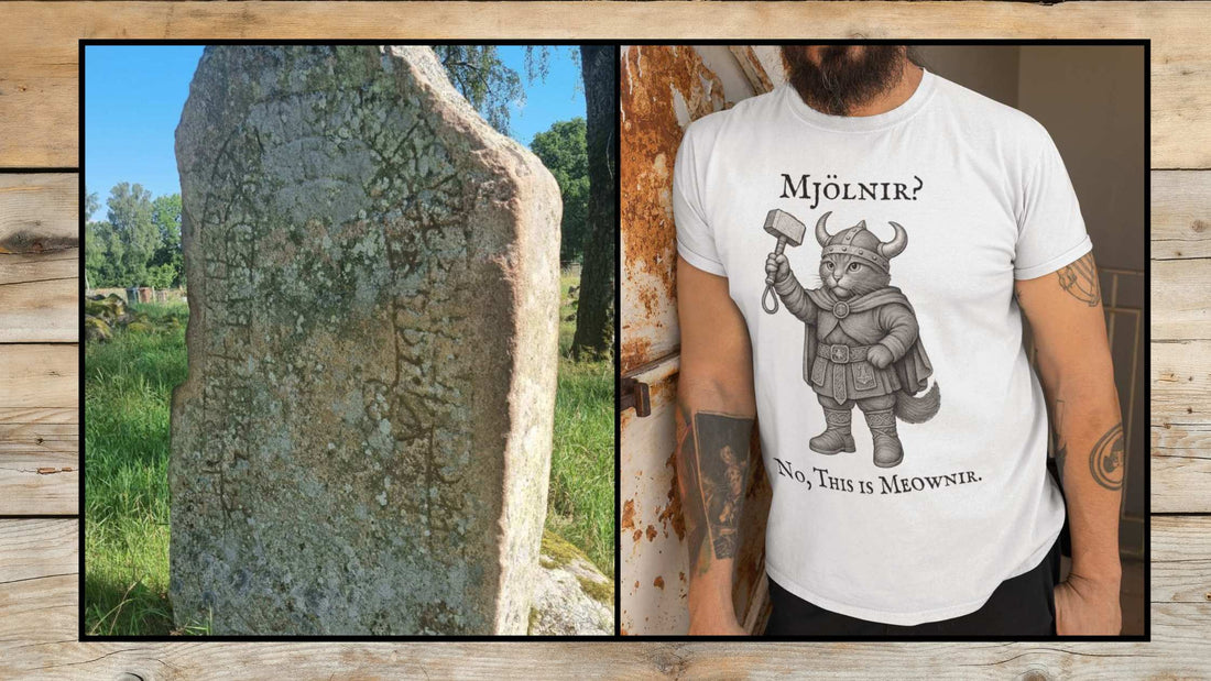 A Swedish runestone in a grassy field next to a man wearing a Viking-inspired cat T-shirt with the text “Mjölnir? No, this is Meownir”—showing the connection between historical Norse heritage and modern design inspiration.