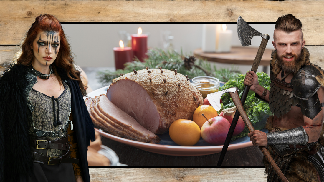 Swedish julbord with Christmas food and image of two Vikings in Viking outfit.