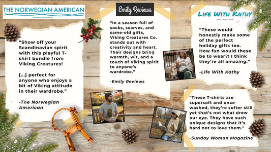 Reviews of T-shirts regarding unique designs, soft and durable quality, stands out with creativity and heart. From The Norwegian American, Emily Reviews, Life with Kathy and Sunday Woman Magazine. All on wooden, Christmas decorated background.