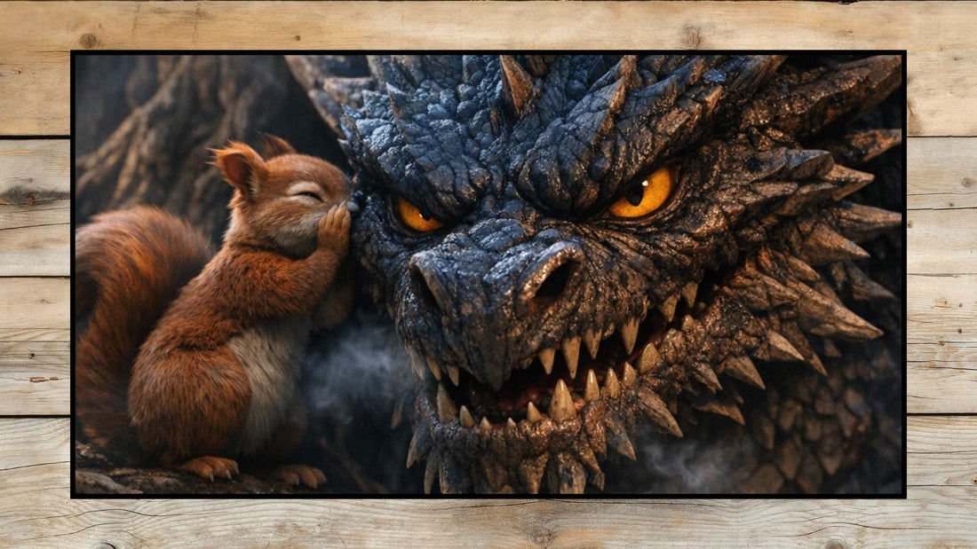 Animated AI image of the Norse Creatures Ratatosk, the squirrel, and Níðhöggr, the dragon at the roots of Yggrasil, the world tree in Norse mythology. 
