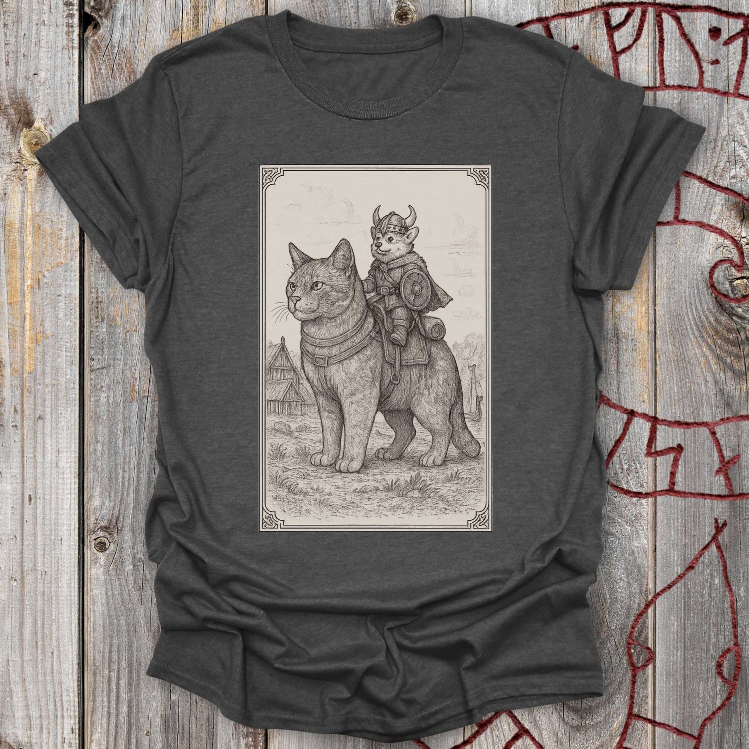 Navy Blue T-shirt with Viking cat in Longboat with text "Vinland 1021" and "I Miss My Lutefisk"