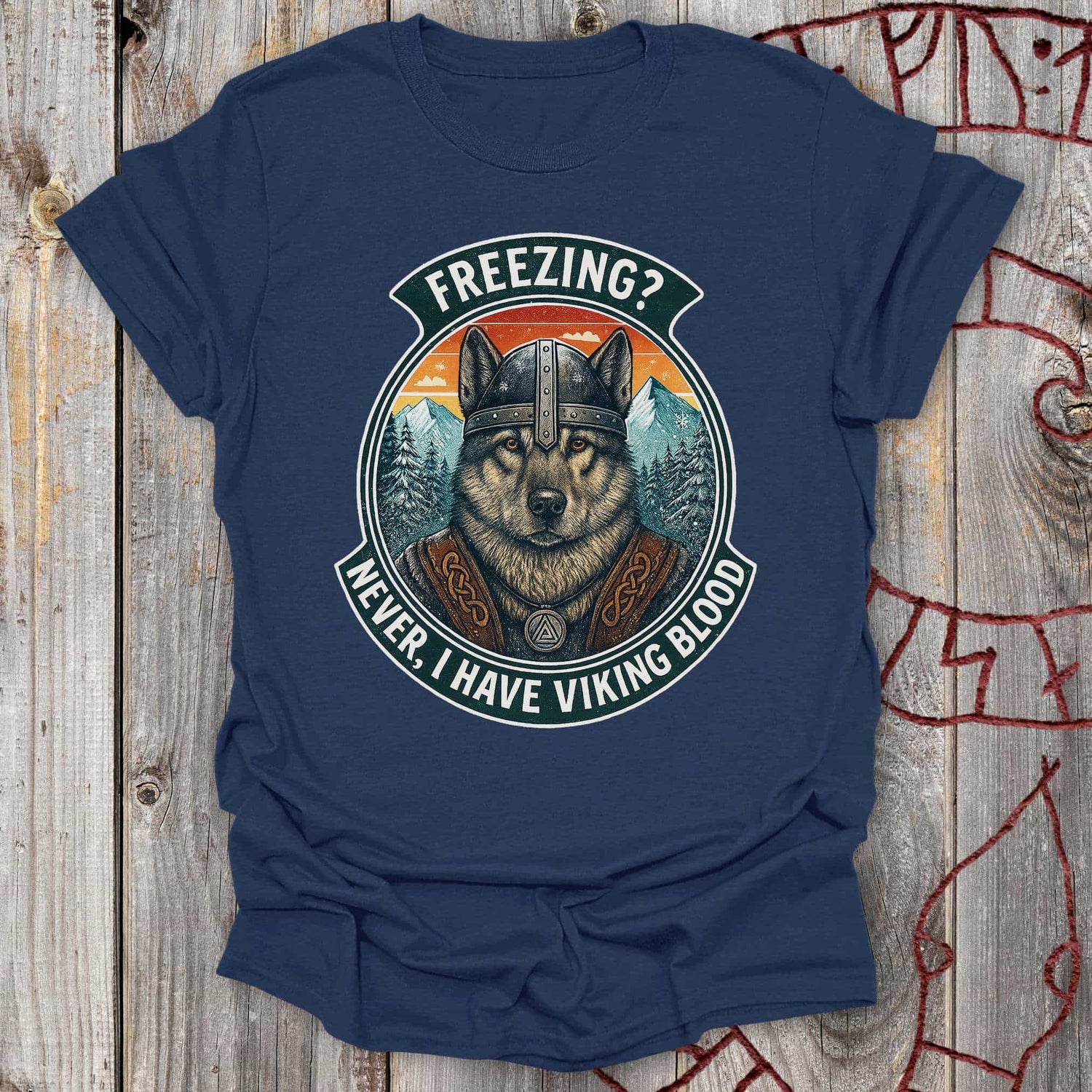 Gray T-Shirt with Viking cats in postage stamp graphic, white t-shirt with Viking Dachshund, Navy T-Shirt with Chill Out text and Viking Dog meditating, White t-shirt with Chill Out Viking Cat Meditating