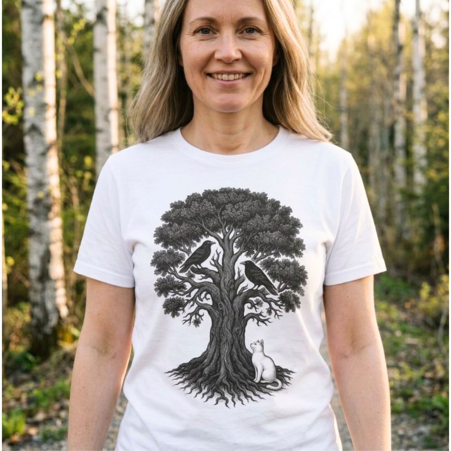 Yggdrasil, the Cat & the Ravens - Norse World Tree T-Shirt
