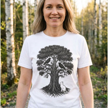 Yggdrasil, the Cat & the Ravens - Norse World Tree T-Shirt
