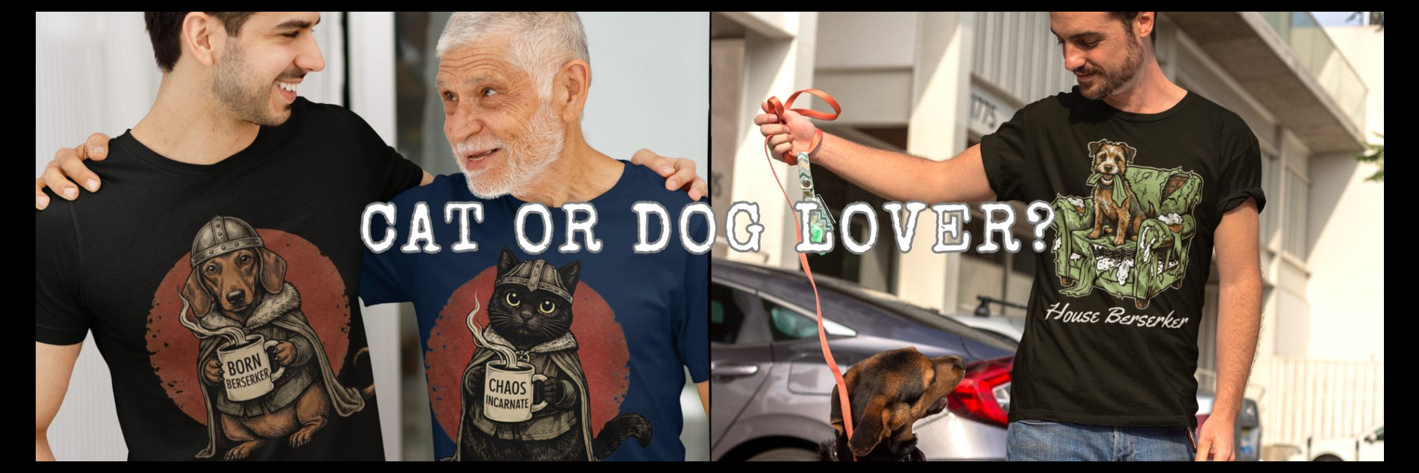 Collage of people wearing t-shirts with animal-themed  Viking designs and text.