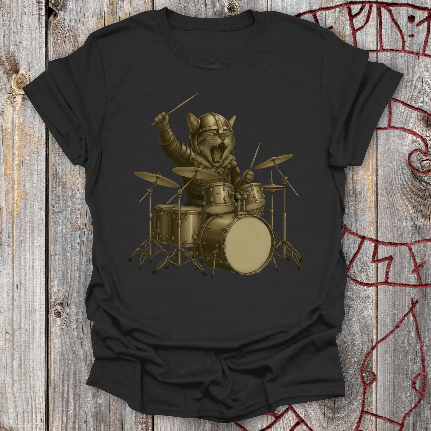 Viking Drummer Kitten – Norse Warrior Rock T-Shirt